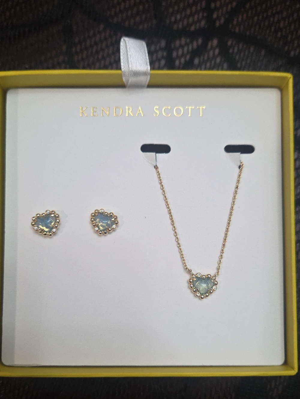 Kendra Scott Gold Heart Necklace and Stud Earrings in Light Blue